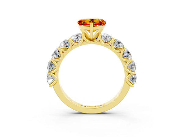 Yellow gold Heart Cut Citrine Prong Setting with Side Stones on a Pave Band