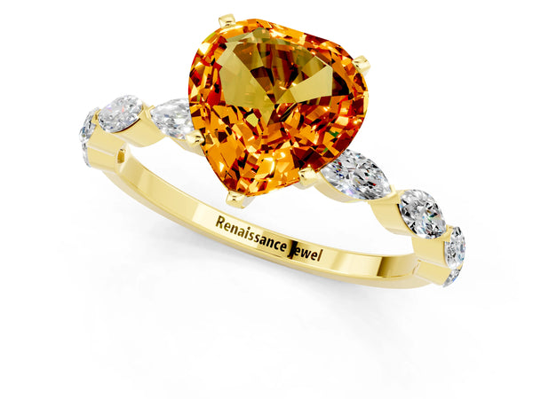 Yellow gold Heart Cut Citrine Ring with Marquise Side Stones and Prong Setting
