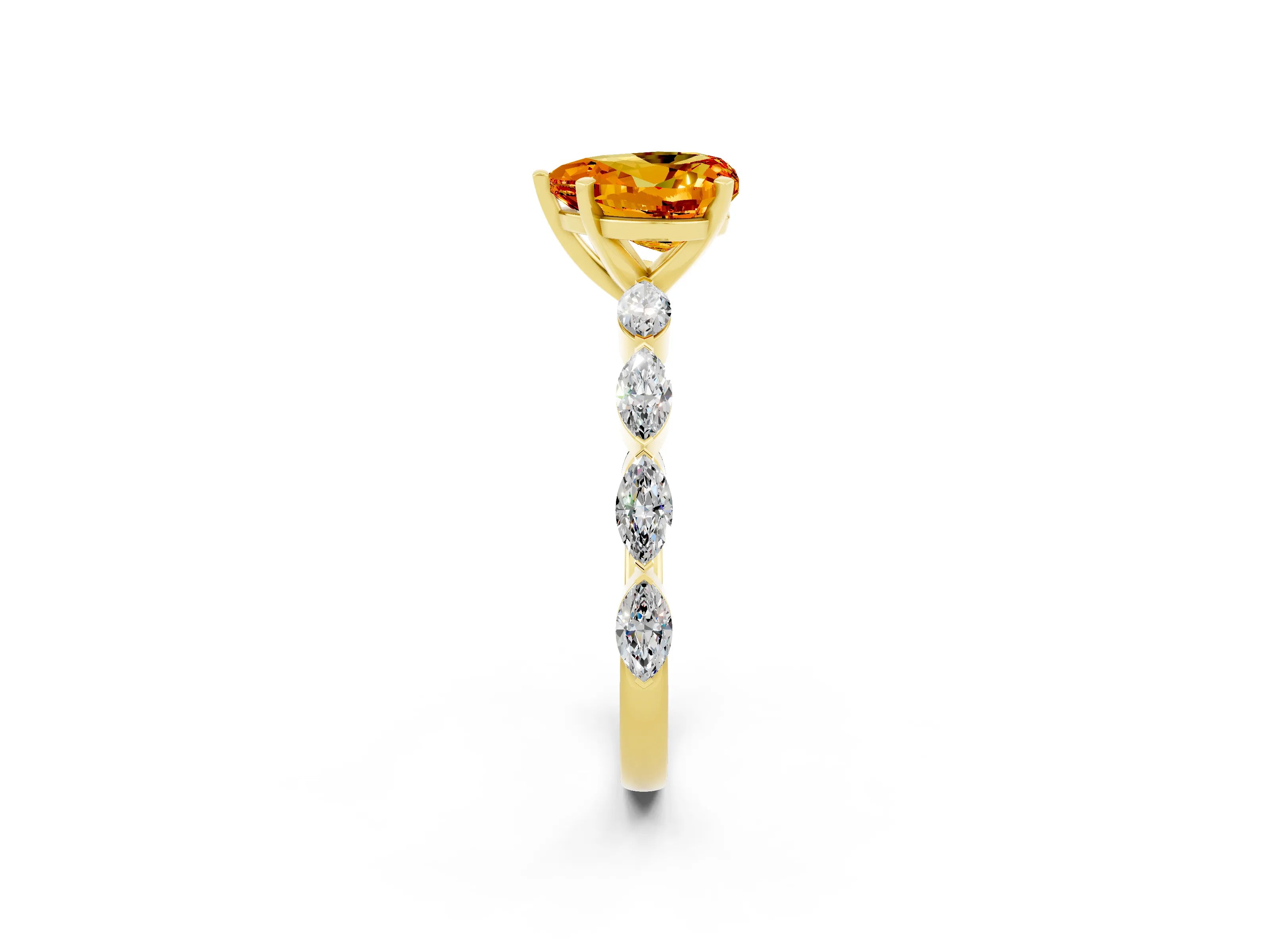 Yellow gold Heart Cut Citrine Ring with Marquise Side Stones and Prong Setting_2