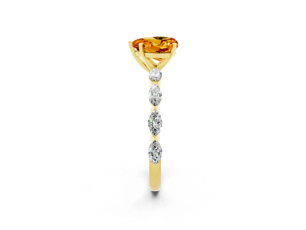 Yellow gold Heart Cut Citrine Ring with Marquise Side Stones and Prong Setting