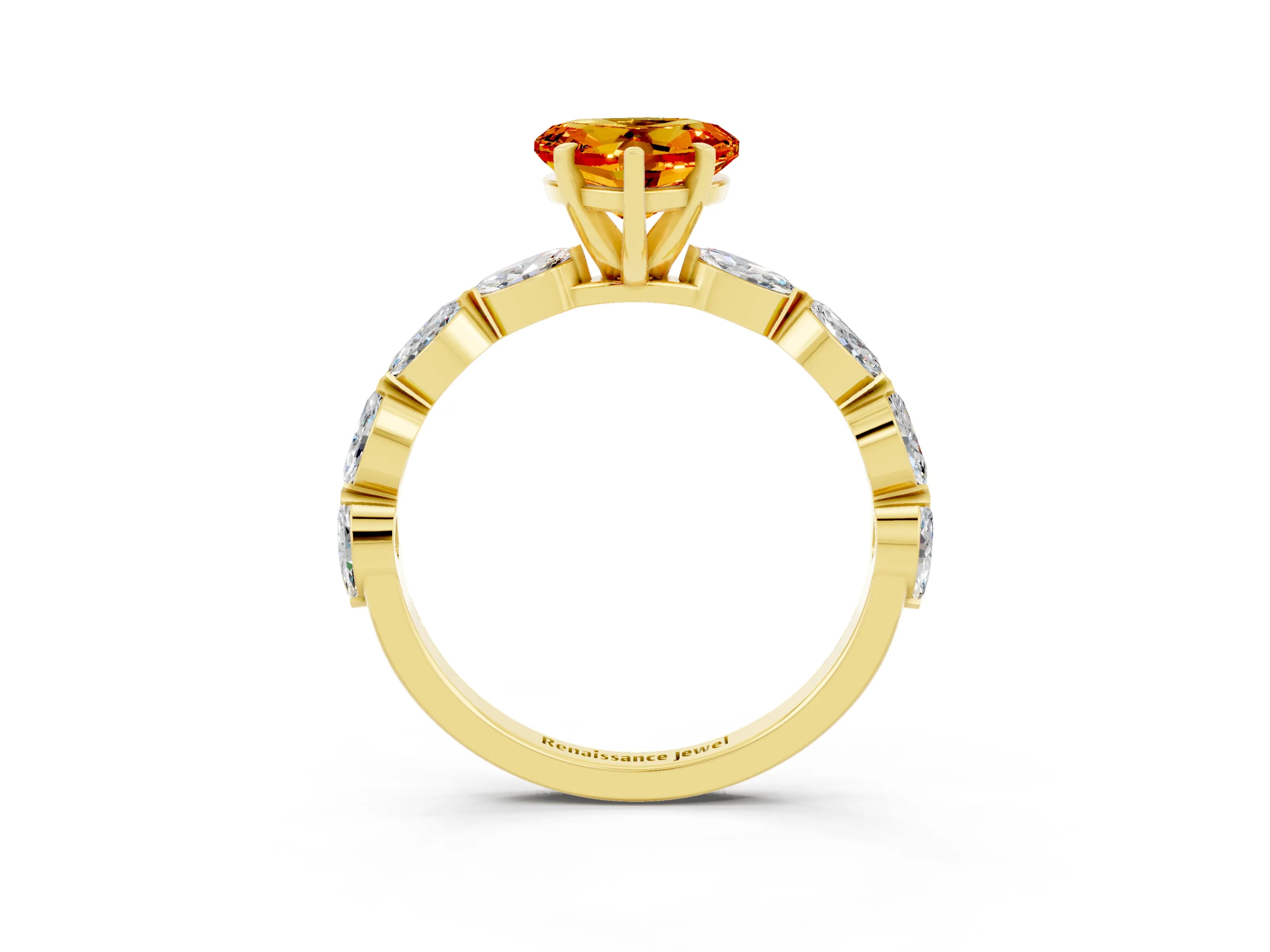 Yellow gold Heart Cut Citrine Ring with Marquise Side Stones and Prong Setting_3