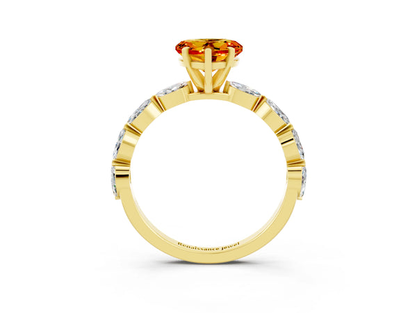 Yellow gold Heart Cut Citrine Ring with Marquise Side Stones and Prong Setting