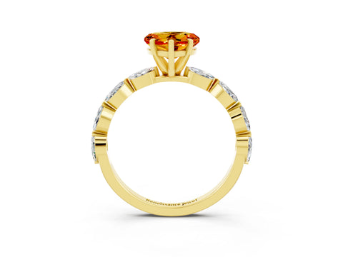 Yellow gold Heart Cut Citrine Ring with Marquise Side Stones and Prong Setting_3
