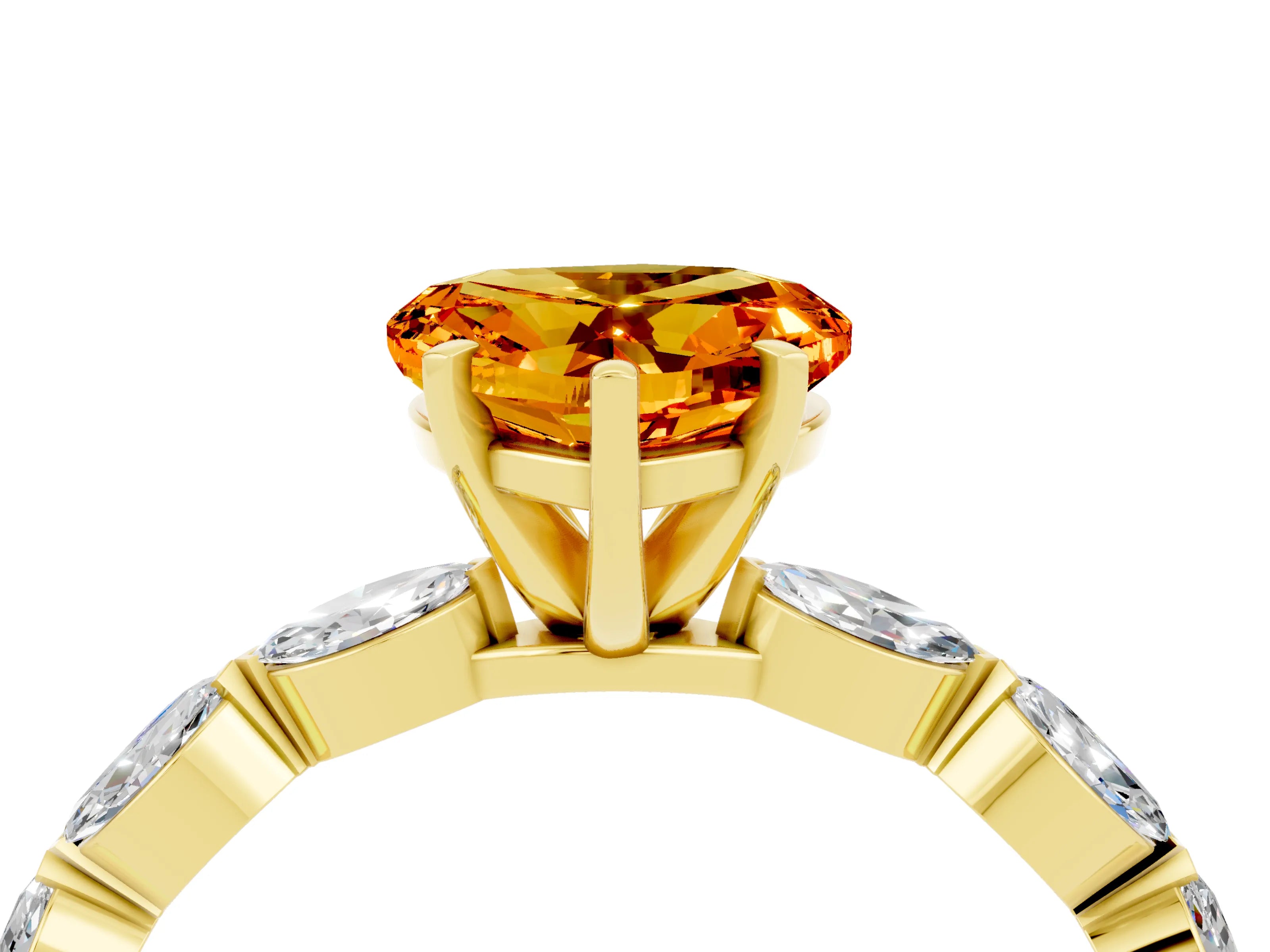Yellow gold Heart Cut Citrine Ring with Marquise Side Stones and Prong Setting_4