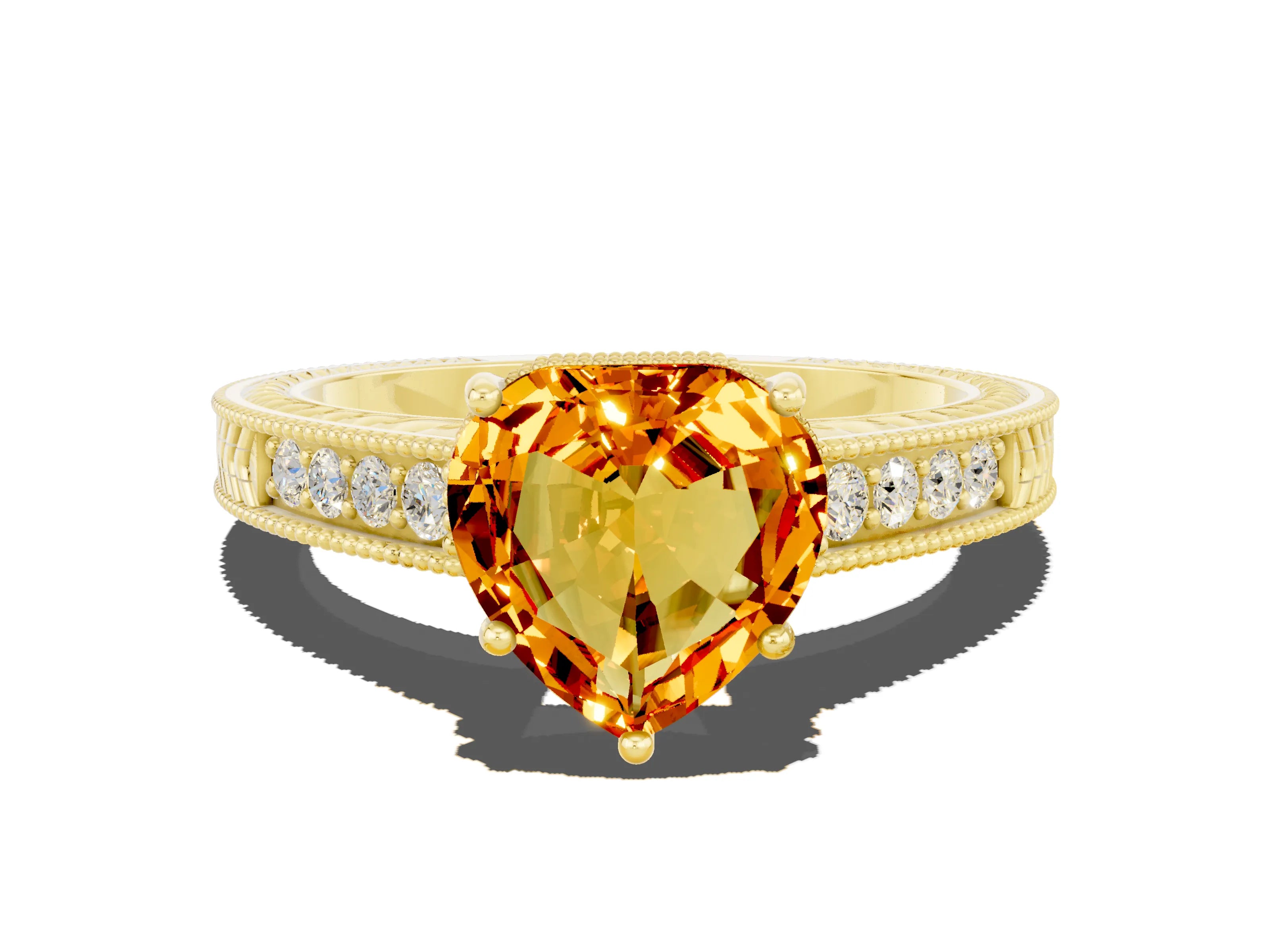Yellow gold Heart Cut Citrine Ring with Milgrain Pavé Band and Four-Prong Setting_12