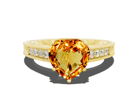 Yellow gold Heart Cut Citrine Ring with Milgrain Pavé Band and Four-Prong Setting_12
