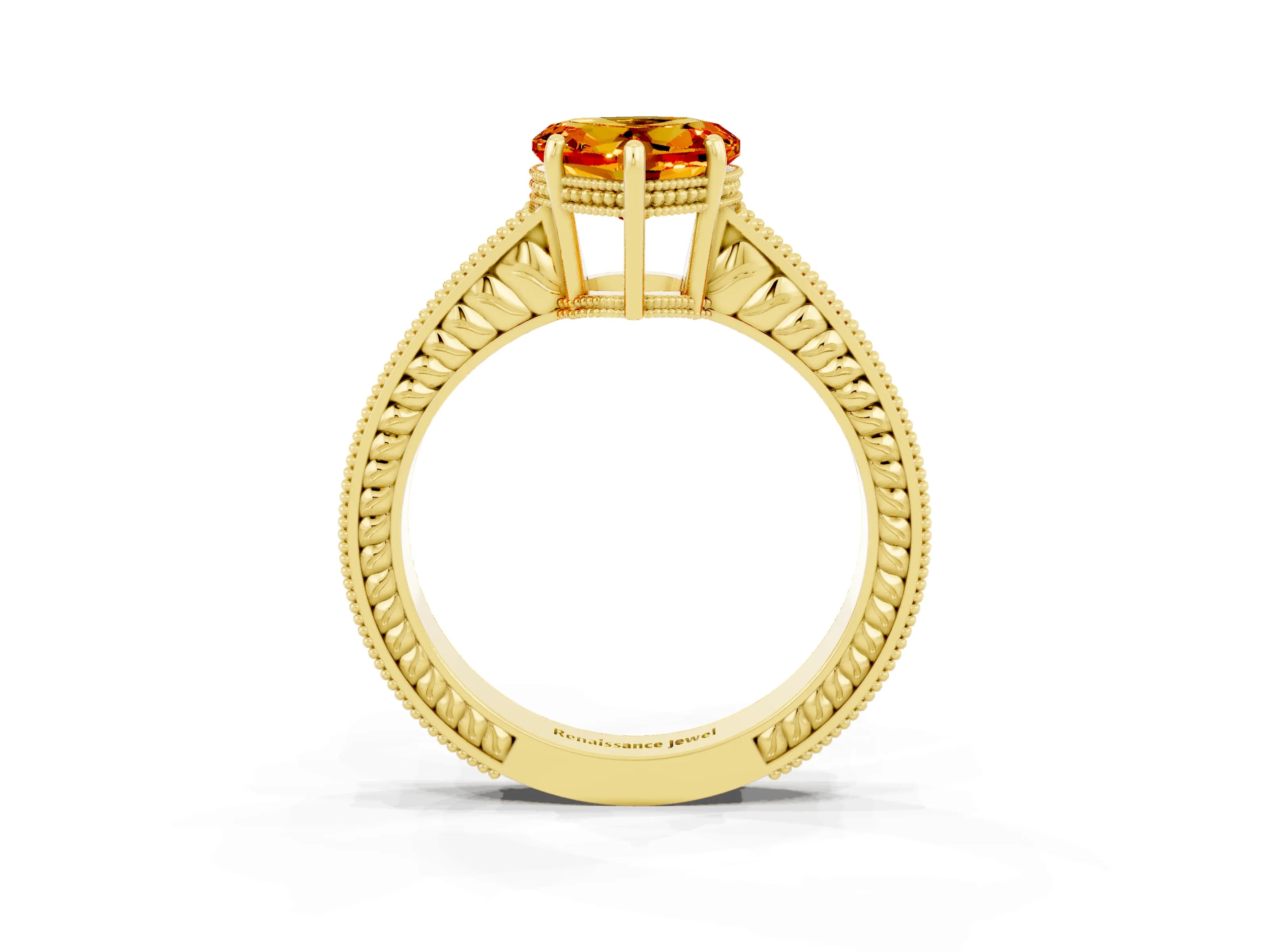 Yellow gold Heart Cut Citrine Ring with Milgrain Pavé Band and Four-Prong Setting_15