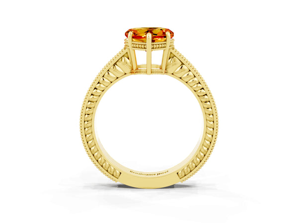 Yellow gold Heart Cut Citrine Ring with Milgrain Pavé Band and Four-Prong Setting