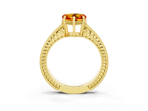 Yellow gold Heart Cut Citrine Ring with Milgrain Pavé Band and Four-Prong Setting_15