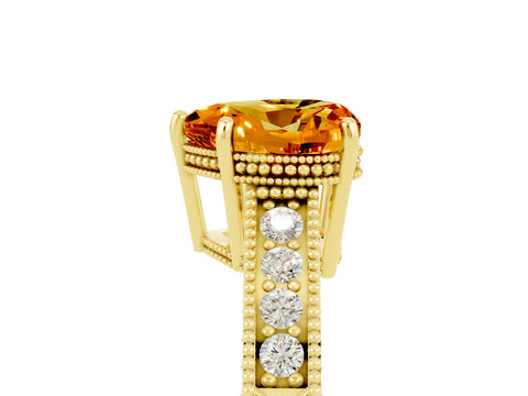 Yellow gold Heart Cut Citrine Ring with Milgrain Pavé Band and Four-Prong Setting_17