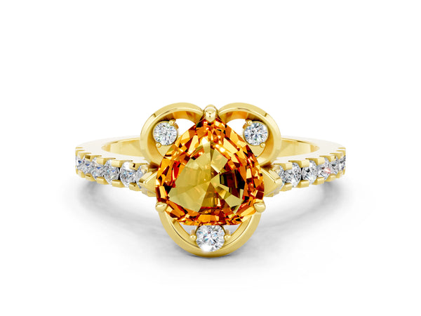 Yellow gold Heart Cut Citrine Ring with Pavé Band and Floral Prong Setting