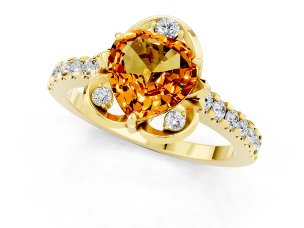 Yellow gold Heart Cut Citrine Ring with Pavé Band and Floral Prong Setting