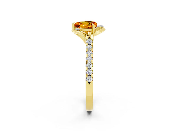 Yellow gold Heart Cut Citrine Ring with Pavé Band and Floral Prong Setting