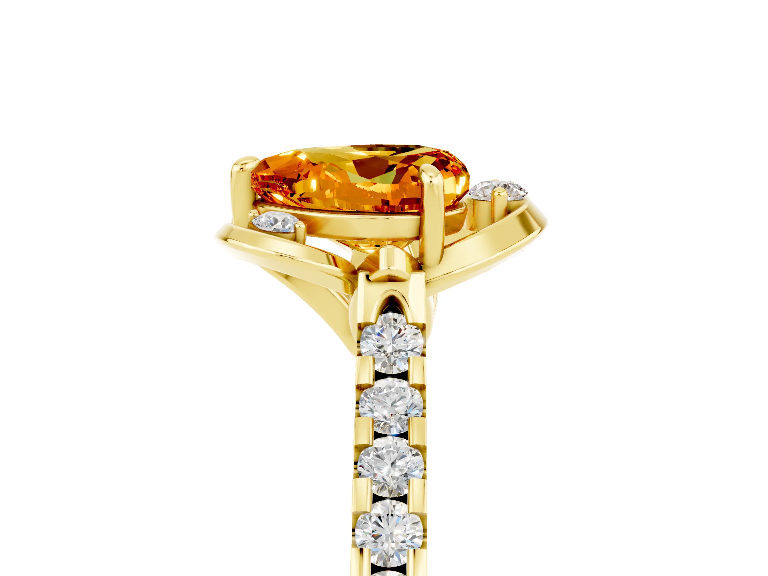 Yellow gold Heart Cut Citrine Ring with Pavé Band and Floral Prong Setting_5