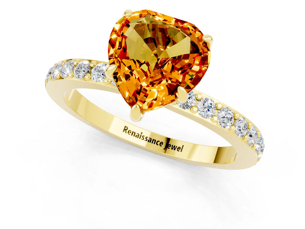 Yellow gold Heart Cut Citrine Pavé Engagement Ring with Round  Accents and Prong Setting
