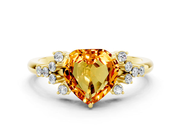 Yellow gold Heart Cut Citrine Ring with Side Stones and Four-Prong Setting