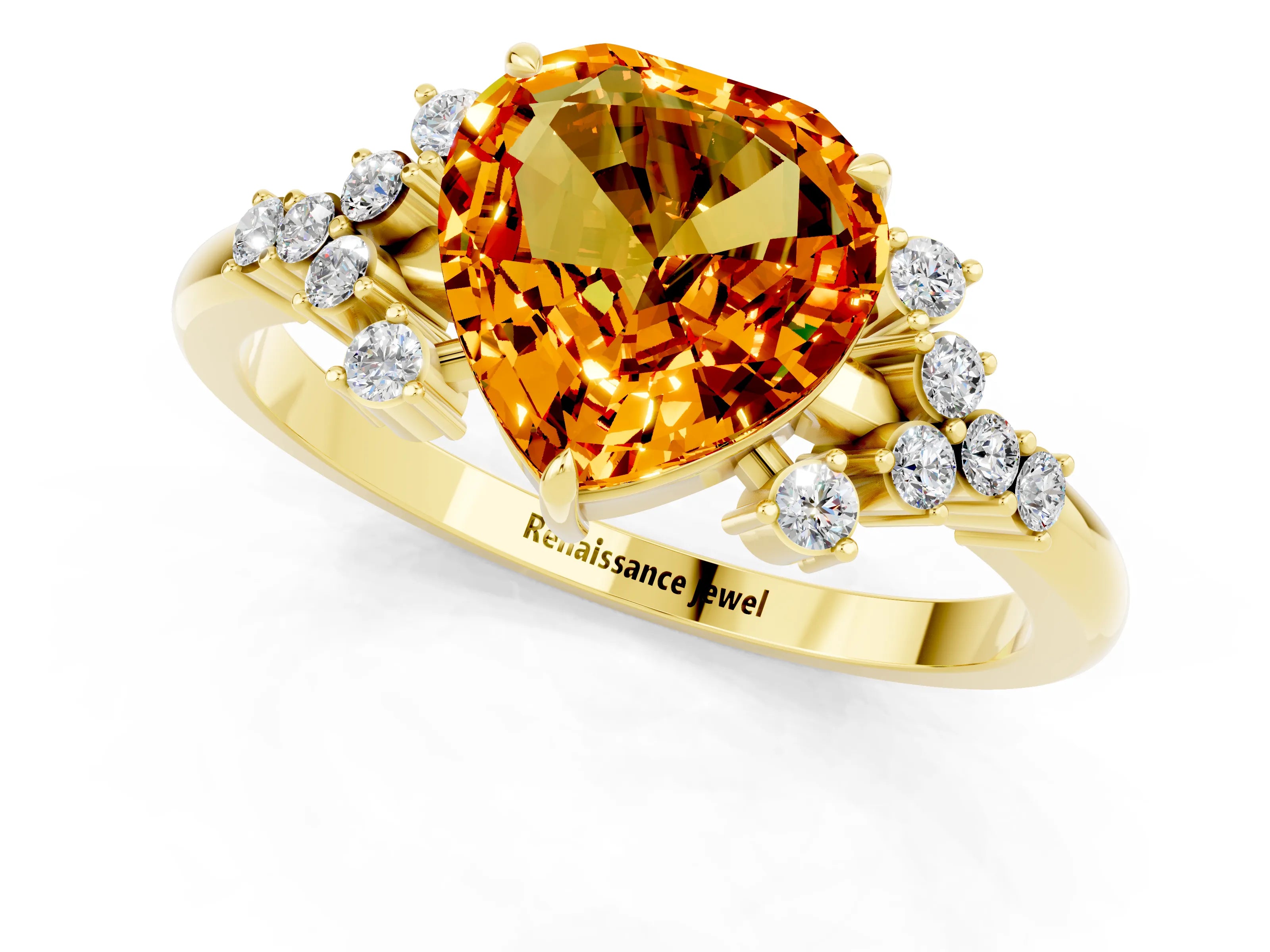 Yellow gold Heart Cut Citrine Ring with Side Stones and Four-Prong Setting_37