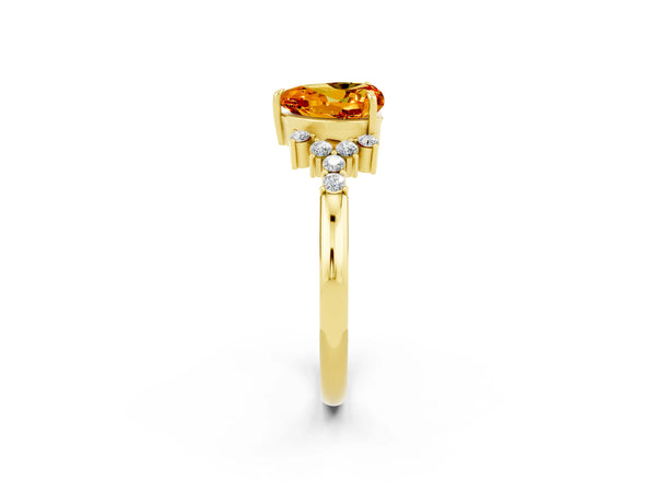 Yellow gold Heart Cut Citrine Ring with Side Stones and Four-Prong Setting