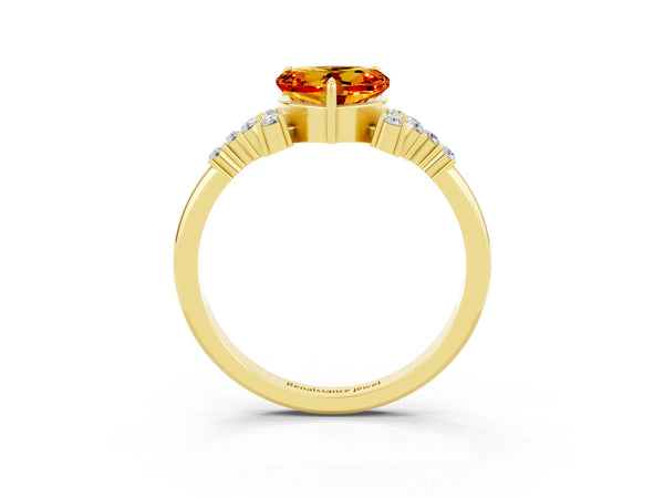 Yellow gold Heart Cut Citrine Ring with Side Stones and Four-Prong Setting