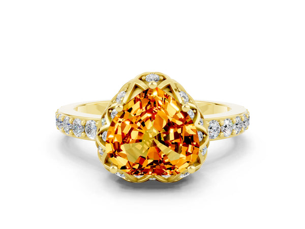 Yellow gold Heart Cut Citrine Scalloped Halo Engagement Ring with Round Shared Prong Band