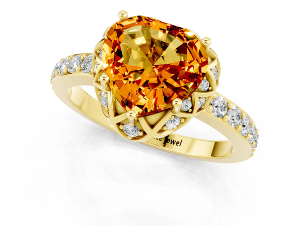 Yellow gold Heart Cut Citrine Scalloped Halo Engagement Ring with Round Shared Prong Band