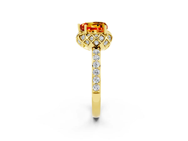 Yellow gold Heart Cut Citrine Scalloped Halo Engagement Ring with Round Shared Prong Band