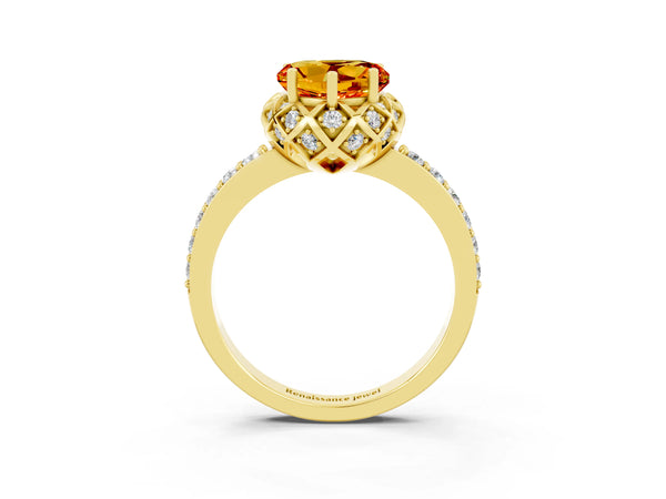 Yellow gold Heart Cut Citrine Scalloped Halo Engagement Ring with Round Shared Prong Band