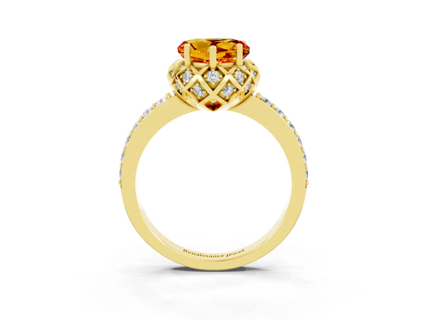 Yellow gold Heart Cut Citrine Scalloped Halo Engagement Ring with Round Shared Prong Band