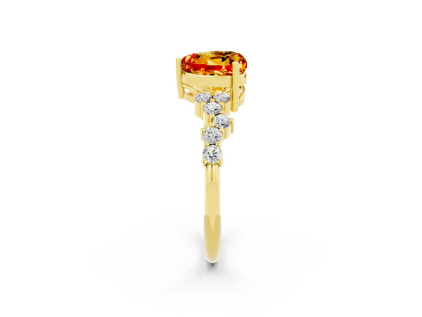Yellow gold Heart Cut Citrine Scattered Round Accent Ring with Prong Setting