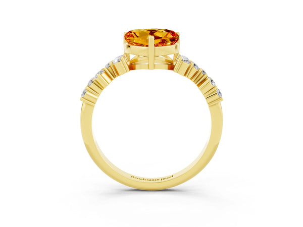 Yellow gold Heart Cut Citrine Scattered Round Accent Ring with Prong Setting