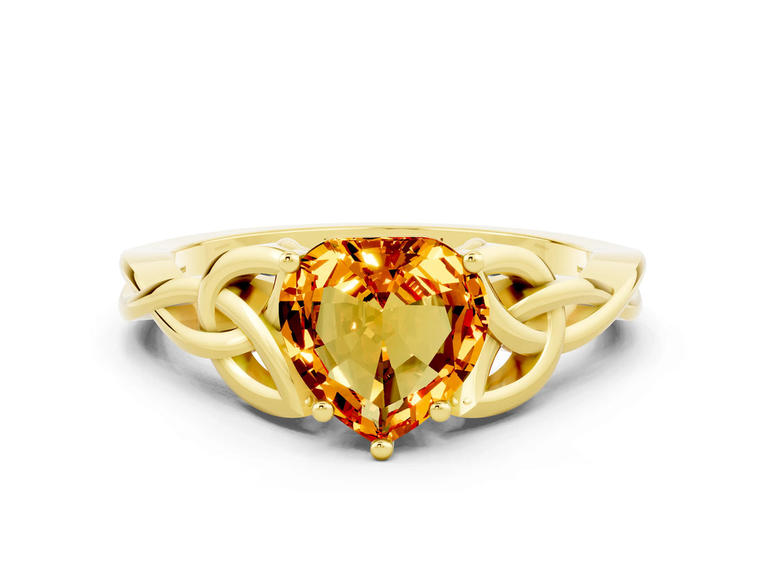 Yellow gold Heart Cut Citrine Solitaire Celtic Knot Ring with Four-Prong Setting_12