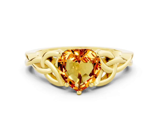 Yellow gold Heart Cut Citrine Solitaire Celtic Knot Ring with Four-Prong Setting