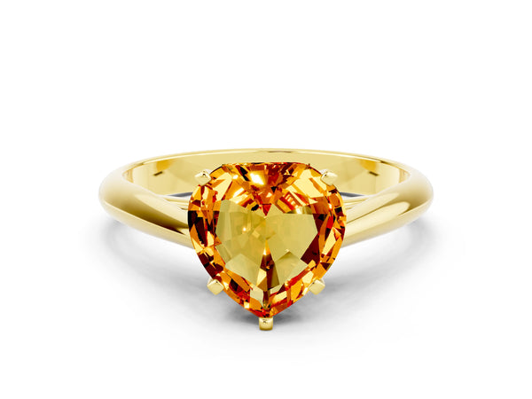 Yellow gold Heart Cut Citrine Solitaire Engagement Ring with Cathedral Setting and Four-Prong Mount
