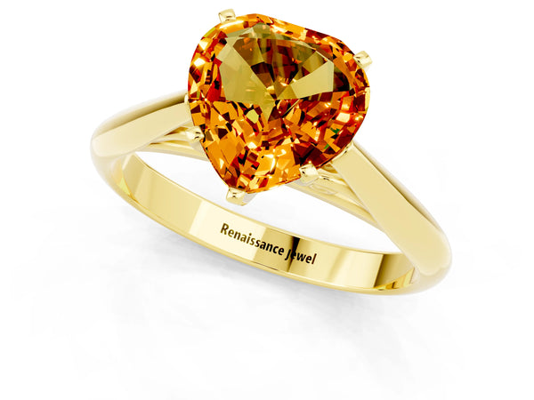 Yellow gold Heart Cut Citrine Solitaire Engagement Ring with Cathedral Setting and Four-Prong Mount