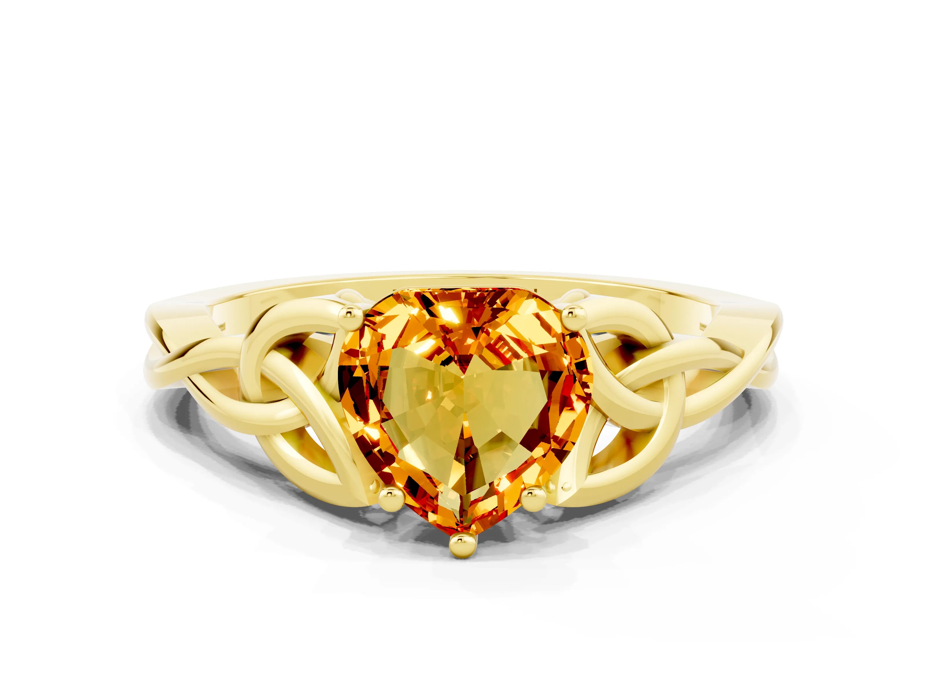 Yellow gold Heart Cut Citrine Solitaire Engagement Ring with Celtic Knot Band and Four-Prong Setting