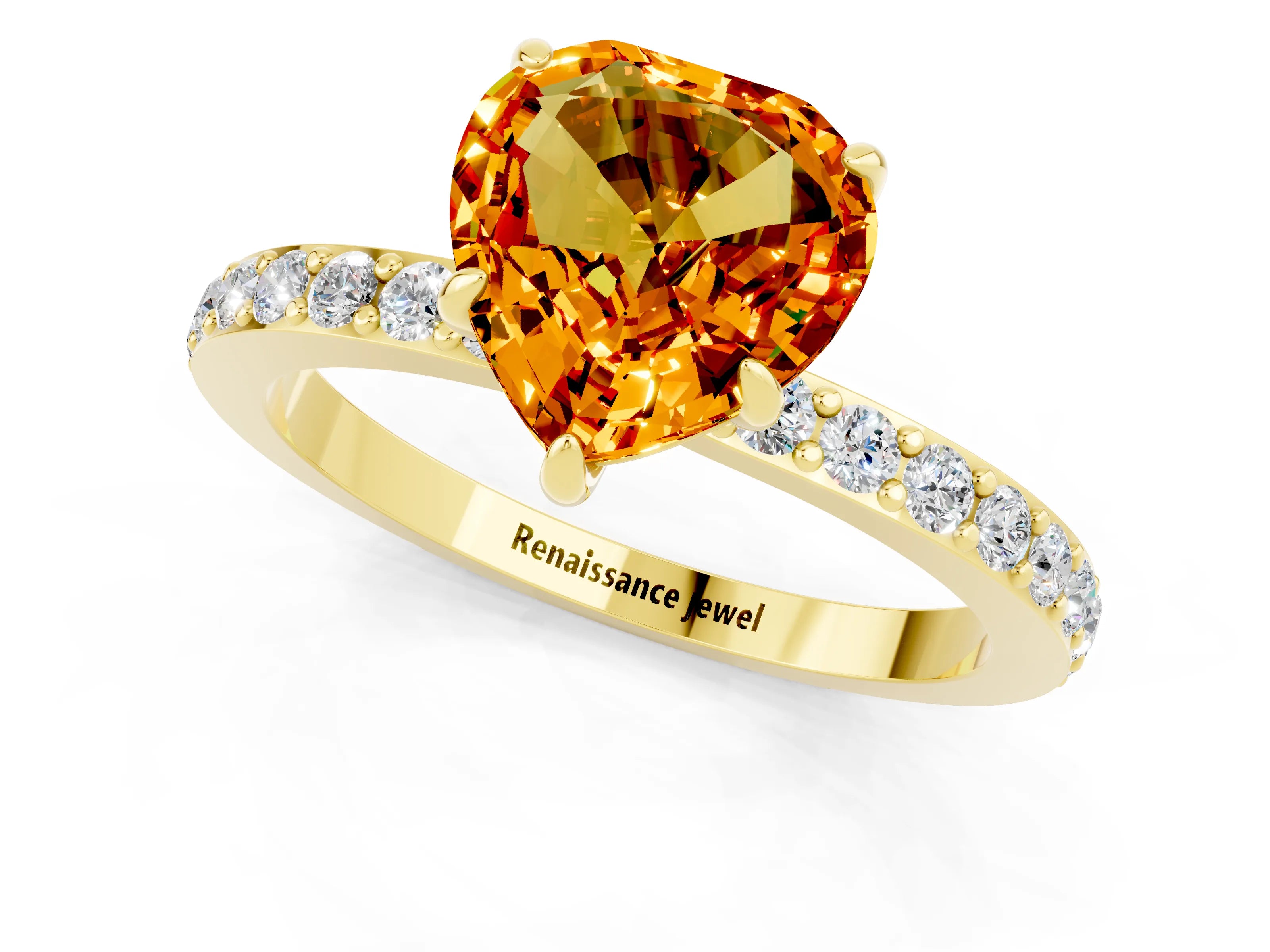 Yellow gold Heart Cut Citrine Solitaire Engagement Ring with Pavé Band and Four-Prong Setting_1