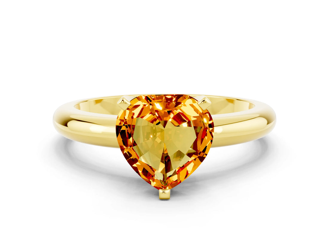 Yellow gold Heart Cut Citrine Solitaire Engagement Ring with Round Band and Four-Prong Setting