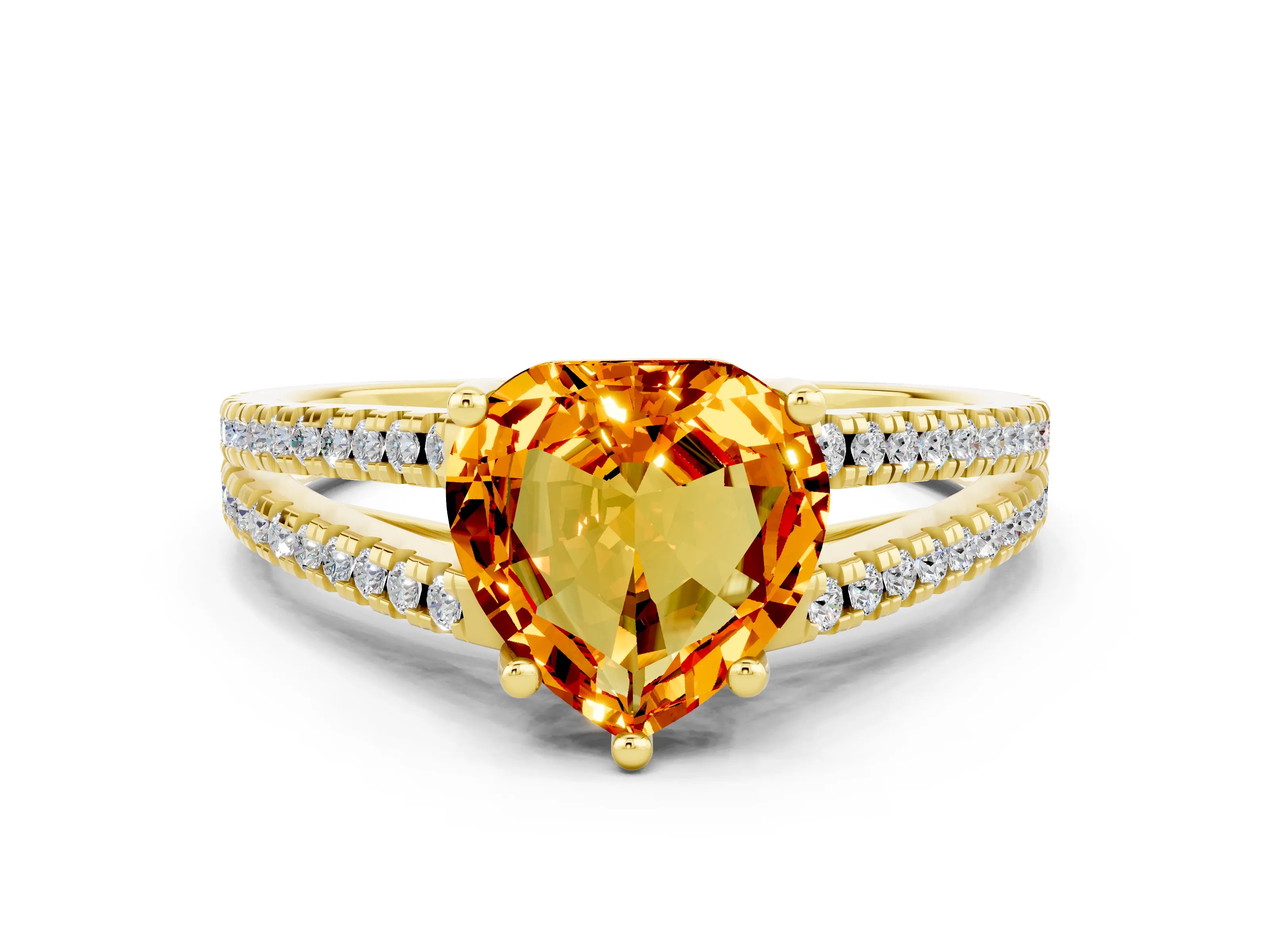 Yellow gold Heart Cut Citrine Solitaire Engagement Ring with Split Shank Pavé Band