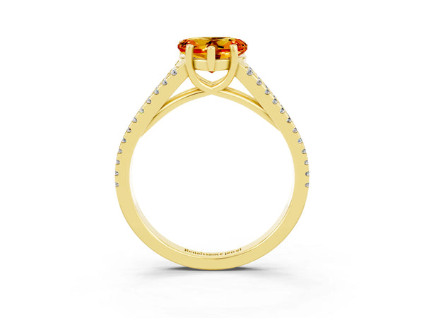 Yellow gold Heart Cut Citrine Solitaire Engagement Ring with Split Shank Pavé Band