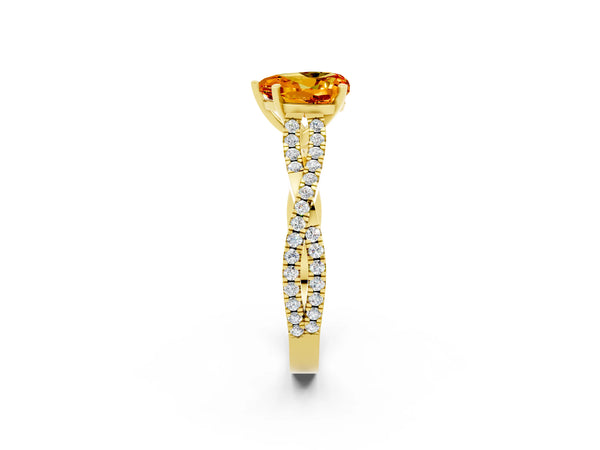 Yellow gold Heart Cut Citrine Solitaire Engagement Ring with Twisted Pavé Band and Four-Prong Setting