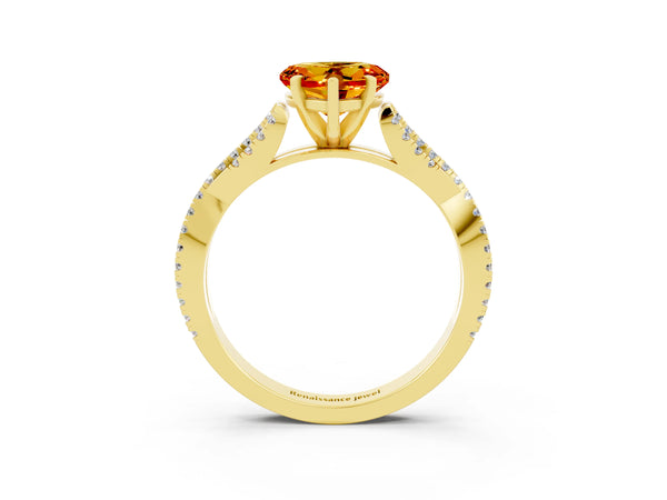 Yellow gold Heart Cut Citrine Solitaire Engagement Ring with Twisted Pavé Band and Four-Prong Setting