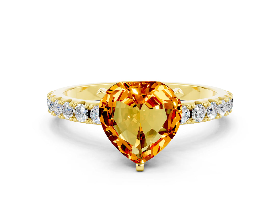 Yellow gold Heart Cut Citrine Solitaire Pavé Band with Four-Prong Setting