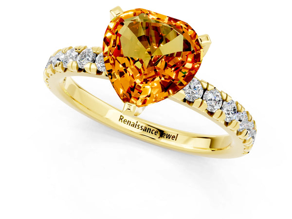 Yellow gold Heart Cut Citrine Solitaire Pavé Engagement Ring with Round Band and Prong Setting