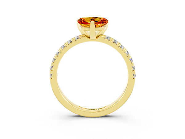 Yellow gold Heart Cut Citrine Solitaire Pavé Engagement Ring with Round Band and Prong Setting
