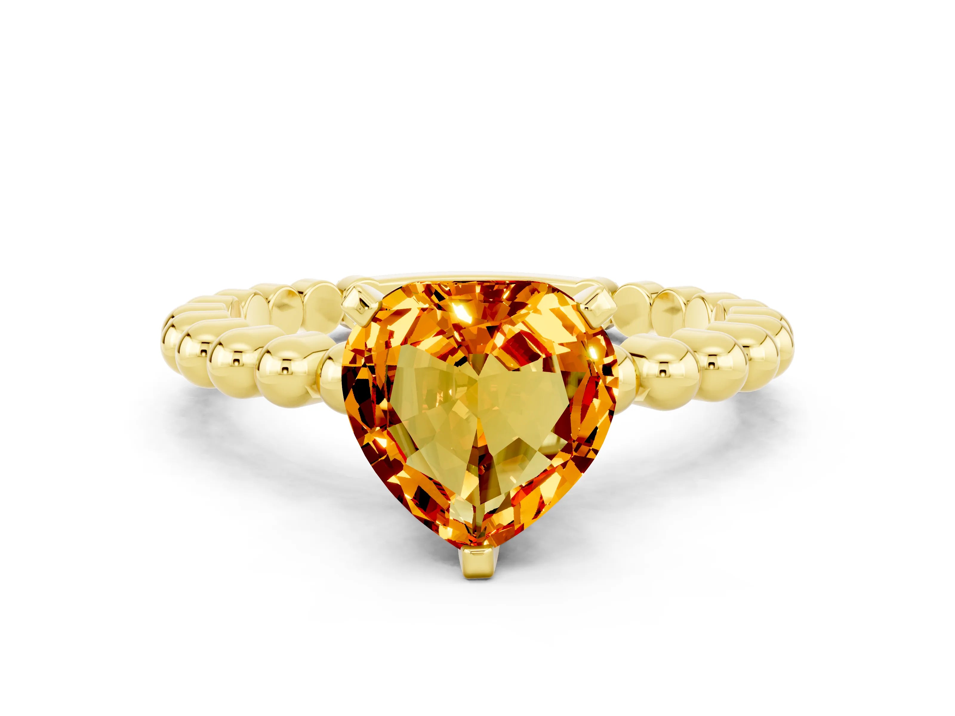 Yellow gold Heart Cut Citrine Solitaire Ring with Beaded Band and Prong Setting