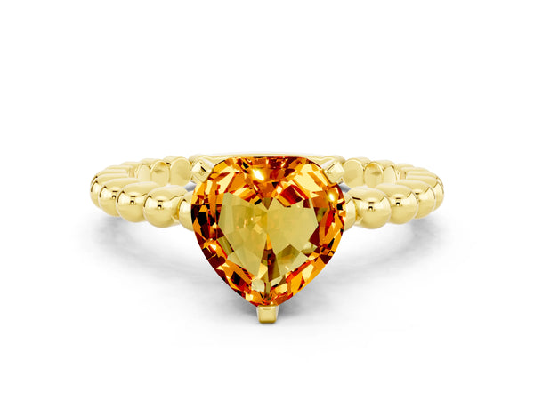 Yellow gold Heart Cut Citrine Solitaire Ring with Beaded Band and Prong Setting