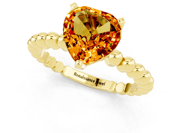 Yellow gold Heart Cut Citrine Solitaire Ring with Beaded Band and Prong Setting