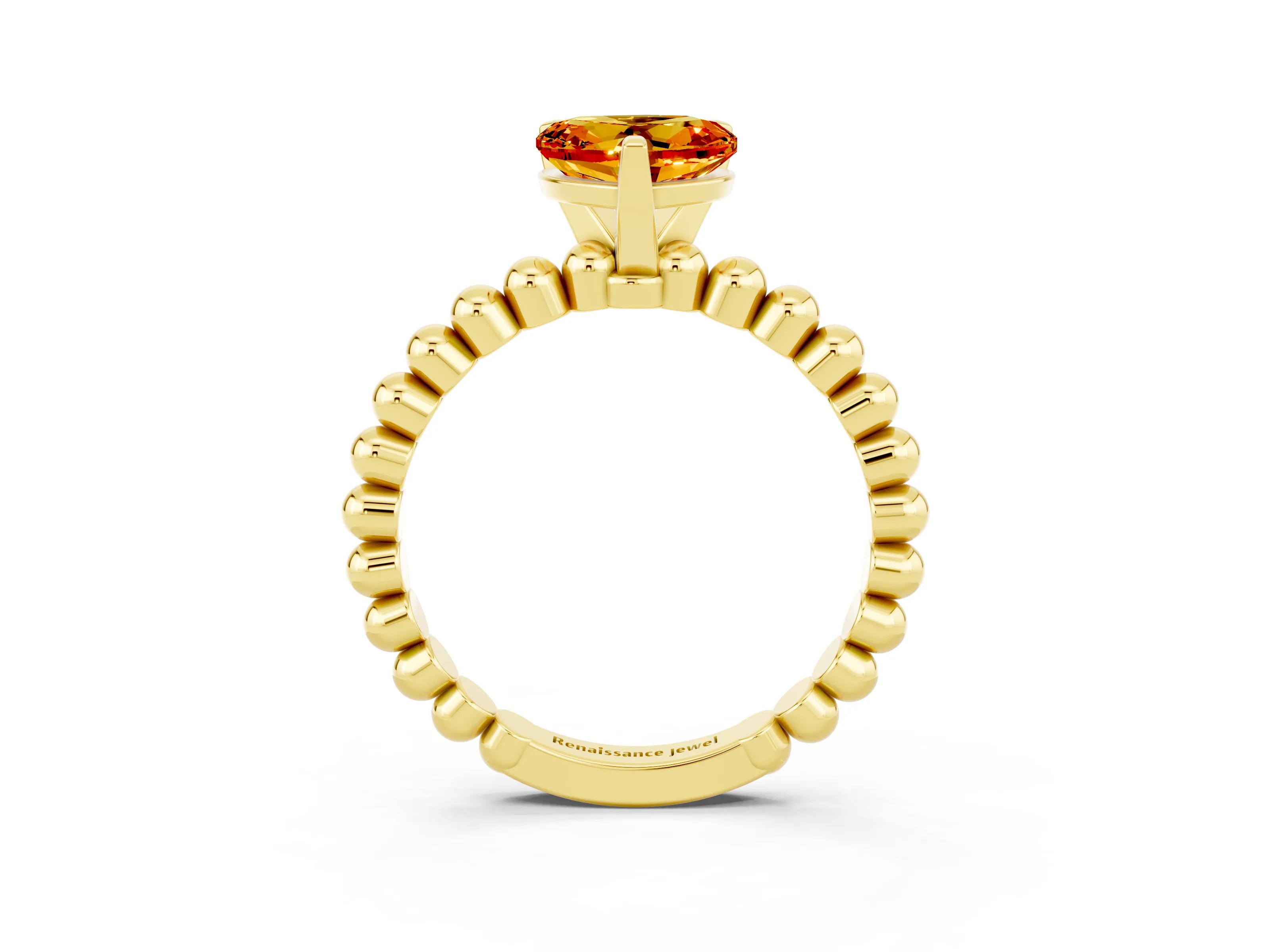 Yellow gold Heart Cut Citrine Solitaire Ring with Beaded Band and Prong Setting_3
