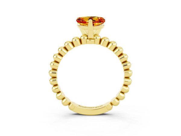 Yellow gold Heart Cut Citrine Solitaire Ring with Beaded Band and Prong Setting