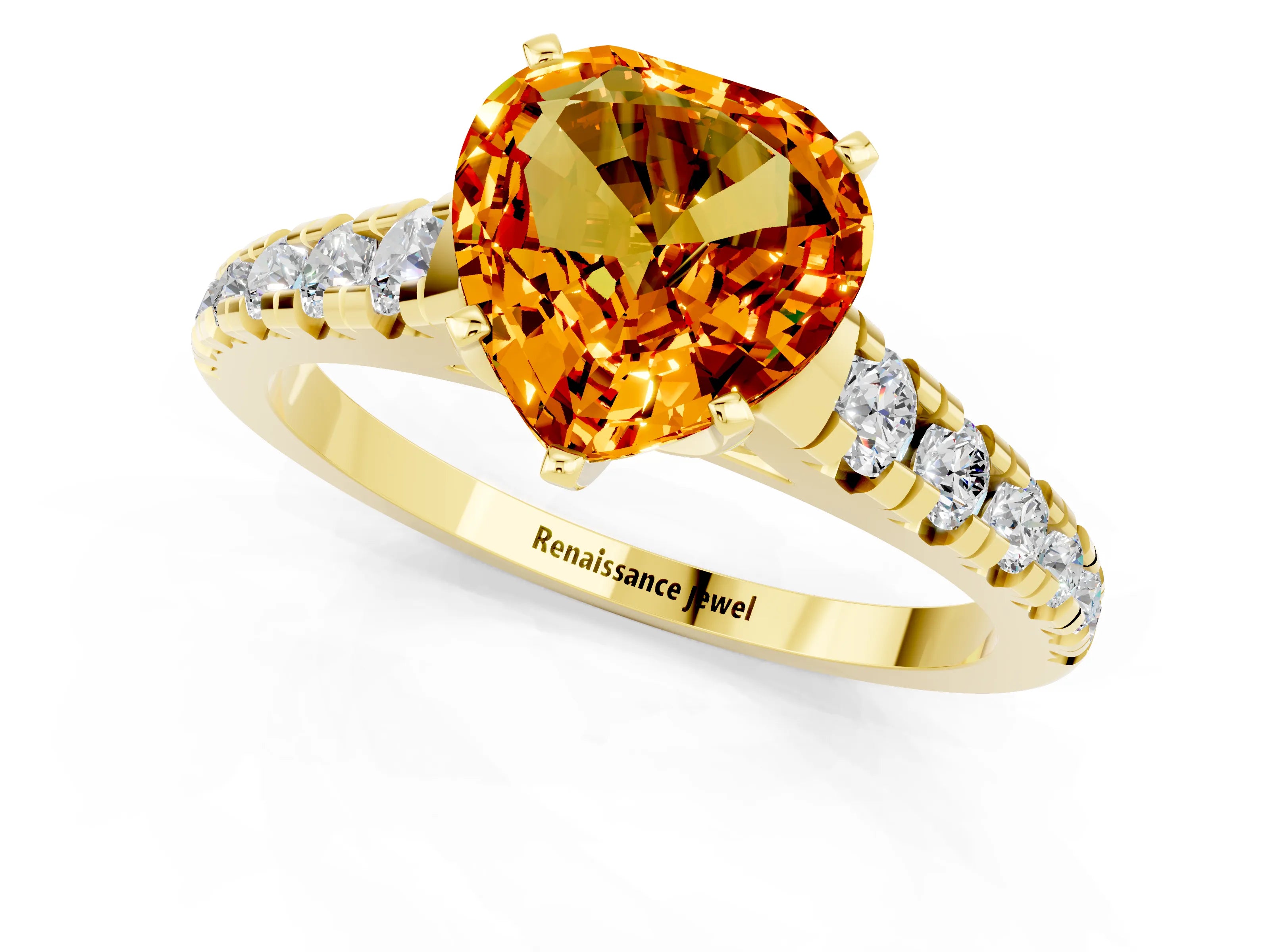Yellow gold Heart Cut Citrine Solitaire Ring with Cathedral Setting and Pavé Band_1